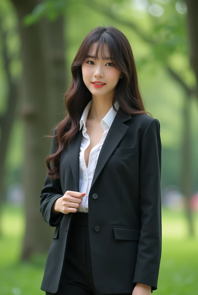 ((best quality)), ((masterpiece)), (detailed), school blazer, private school girl, city park, cleavage, hdr, flirty, unbuttoned, 8k, photo