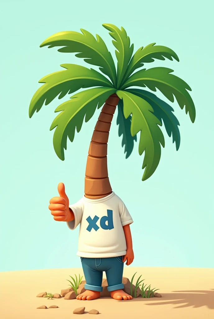 Green palm tree without a face with a t-shirt on saying XD in the foreground in 2D style with a thumbs down