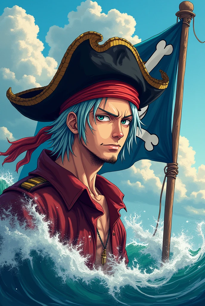 Create a Jolly Roger flag in the style of the One Piece pirate anime, with silver hair low fade hair, with a scar over one eye wearing a pirate hat