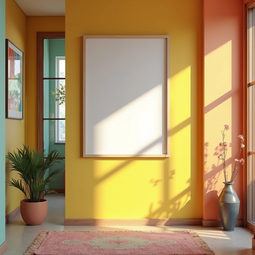 A hyper-realistic HDR hallway scene in a modern home, filled with vibrant colors and crisp details. A vertical A4 frame with a blank white canvas is hung on a brightly painted wall, creating a focal point in the corridor. The hallway is decorated with playful, colorful artwork and a stylish rug that adds warmth to the space. Natural light streams in from a nearby window, casting soft shadows on the blank canvas and enhancing the vivid colors around it. The atmosphere is welcoming and full of energy, perfect for showcasing creativity in this lively corridor.