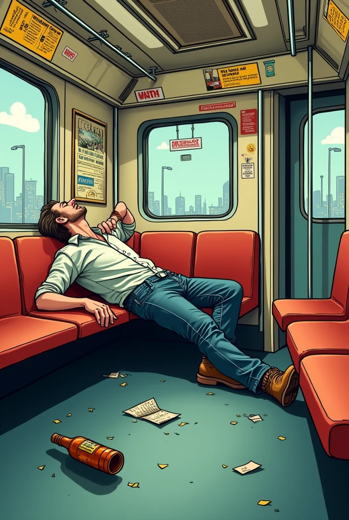 Cartoon Album art of a guy drunk in love, lying wasted in a subway bus, with one hand falling out, and a bottle rolled on the floor 