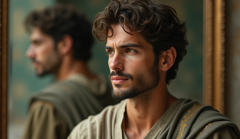 A young, handsome Stoic philosopher with a well-proportioned and attractive physique, sun-kissed skin, very short and well-trimmed beard, and wavy, well-styled hair. He is dressed in classic tunics in soft earthy tones - gray, brown, and olive green - with subtle gold and copper details. The scene depicts him in a reflective moment, He is looking at a symbolic representation of his life, such as a mirror showing his own image or a visual metaphor like a path with forks. His expression should convey deep introspection and self-evaluation, illustrating the process of assessing the impact of his relationships.