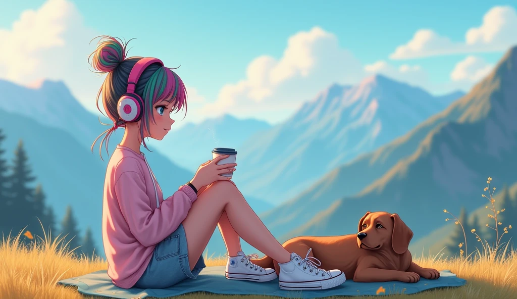 An e-girl with tied-up colorful hair and rainbow-like eyes, listening to calm music on headphones, with a sexy smile, holding a cup of coffee, wearing allstar, at the top of a mountain. An image that inspires calm, tranquility, lightness, simplicity, and comfort, 16:9, full hd, with a dog on the side