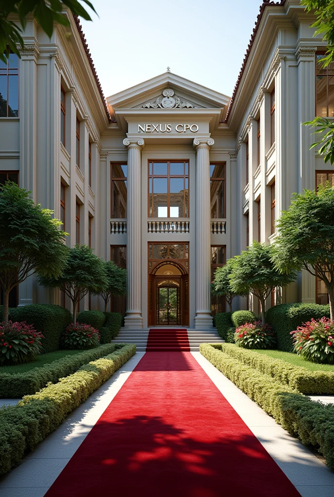 A luxurious, presidential standard company headquarters with the name NEXUS(CPO) on it and red carpet on entrance with Singaporean architecture,grass, flowers and on it's own space and compound where is the name NEXUS (CPO) can't see the words 