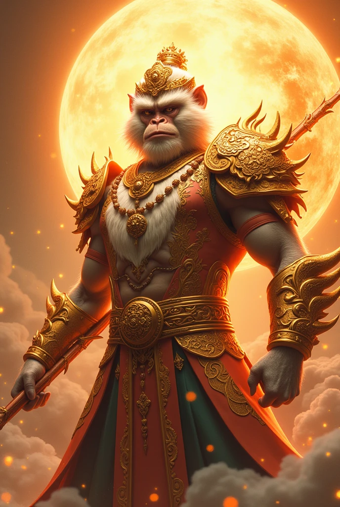 Good quality, 8k, Sun Wukong, the monkey king, in divine armor, with a divine staff in his hands