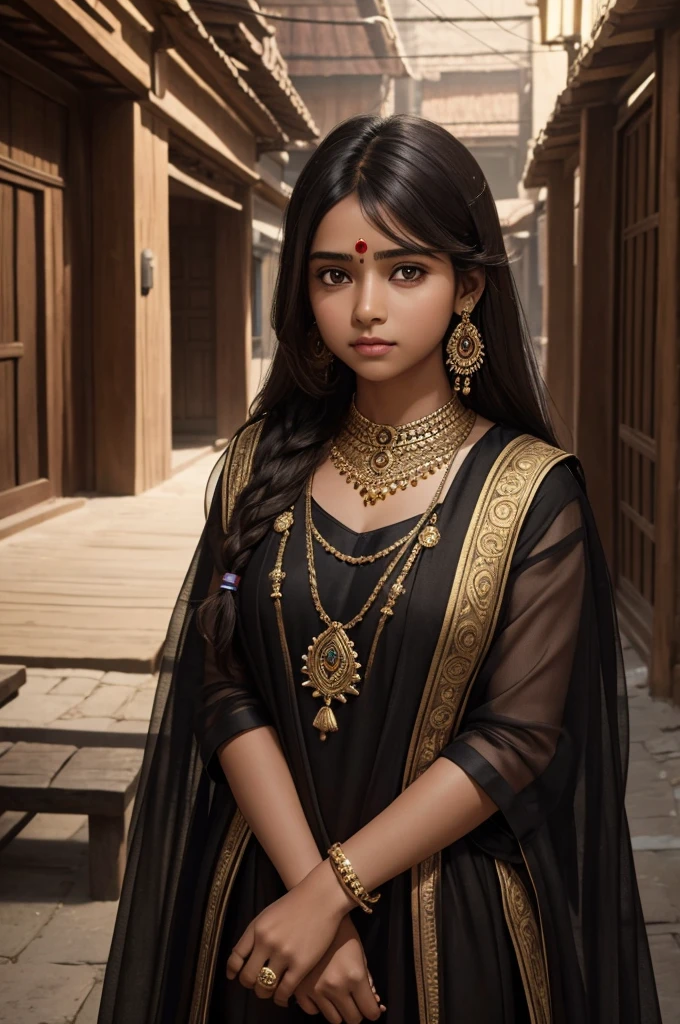11 years indian girl child , with a black gem stone with details gold in her hand. this girl is wearing a ocidental dress with mutiple colors. brown eyes, and brown long hair with fringe. she's at a house village with color houses. she's a little bit overweight detailed face, wearing surgical outfit, in a beautiful hospital, photorealistic, highly detailed, intricate, cinematic lighting, 8k, hyper realistic