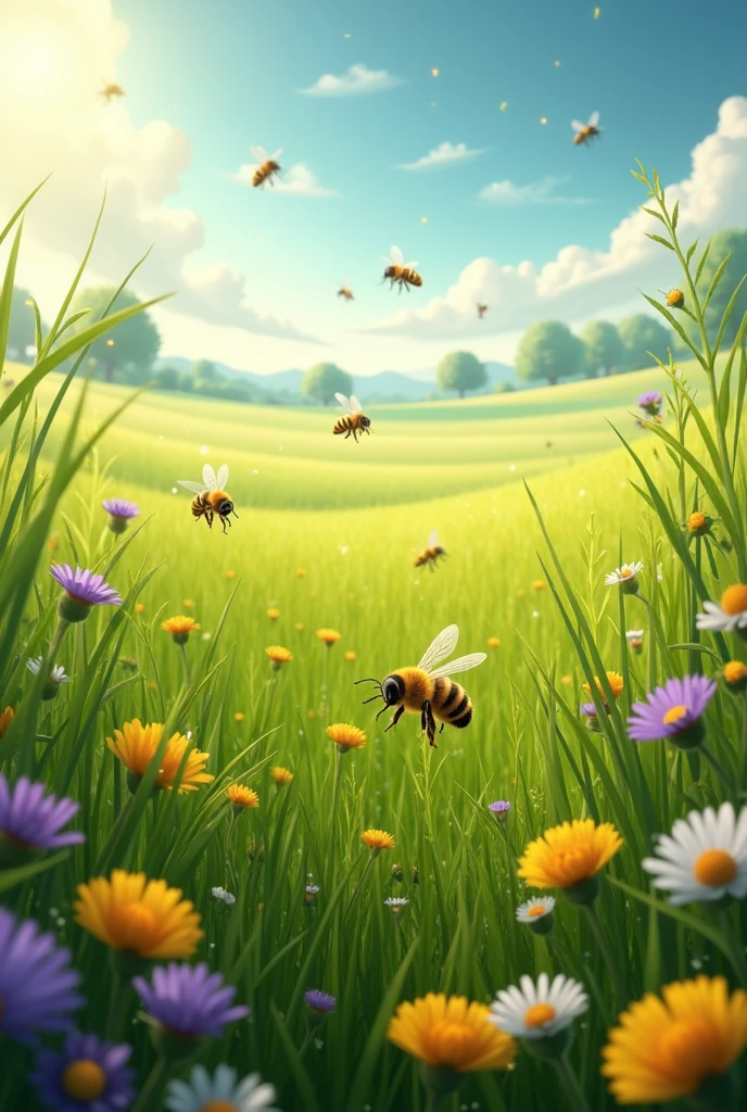 A field of grass with bees