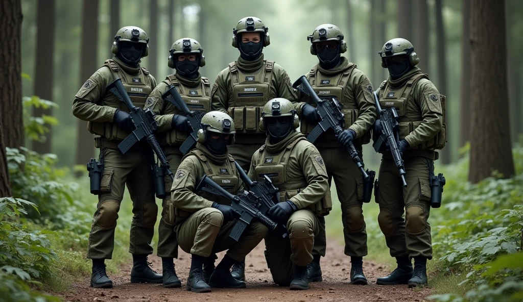 Create a realistic image of a five-person special forces unit posed in a 'family photo' style formation. The team includes three men and two women, all standing or kneeling closely together in a unified, yet distinctly visible group. They are fully equipped with tactical gear, including night vision goggles, HK 416 assault rifles, and bulletproof vests. The vests prominently display their respective ranks and identifiers: 1Fa2, 2Fa2, and 3Fa2 for the men, and 4Fa2 and 5Fa2 for the women. The setting is a dense forest with towering green trees, but the focus is on the team, standing on a small, cleared patch of ground as if posing for a commemorative photo after a mission. Ensure the composition allows for each member's face, gear, and identifiers to be clearly visible. Leave space at the top or bottom of the image to add a logo, while maintaining the integrity of the 'family photo' feel. The overall atmosphere should convey both the camaraderie and professionalism of this elite unit."