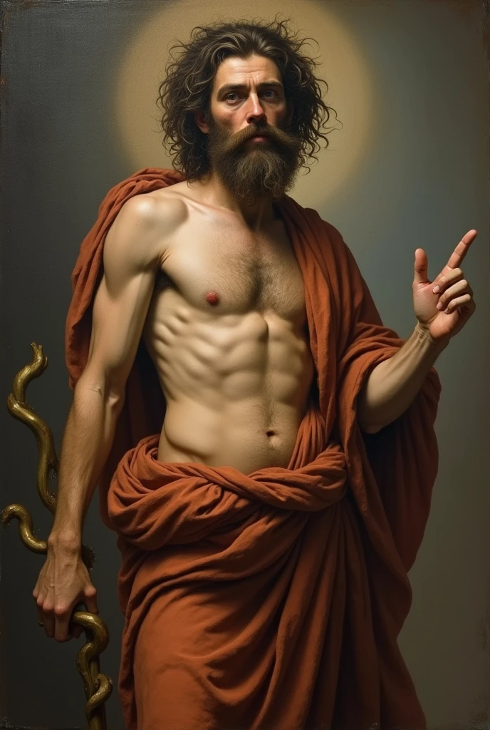 Catholic baroque image of St. John the Baptist, he is a 40-year-old man, skinny man. He has one of his fingers pointing to the sky. He is dressed in a camel skin tunic with his body a little showing, he is holding a staff, his hair is unkempt, he has a big beard. He has a wild appearance but has a serious and quiet look