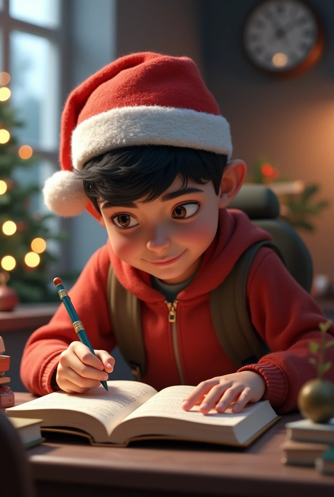 A student with a book and a Christmas hat, and 3d