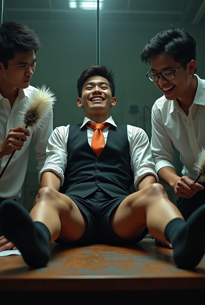 Malaysia malay handsome 20 years student
He laugh very hard
His hand tied up in warehouse
Blindfolded
Hand handcuff
Black vest orange tie
Focus feet on desk
feather duster tickle feet desk
shoes on desk
Black stinky sock
2 man holding feather duster
Feather duster touch feet