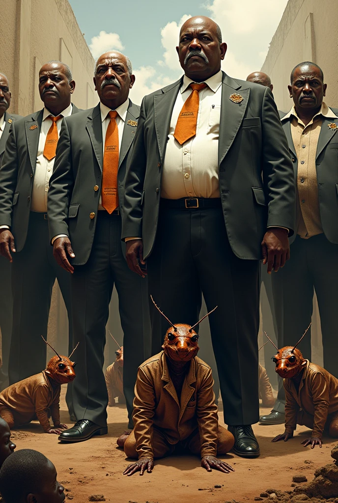 Create a powerful illustration depicting the disparity between greedy African leaders and suffering citizens. The leaders, portrayed as wealthy, pot-bellied figures in expensive suits labeled 'Jadabra Pest Control,' should stand tall, exuding arrogance. The suffering citizens are represented as people with cockroac heads, on their knees, in despair, begging for help under the oppressive presence of the leaders. The background should emphasize the vast gap between the two groups, highlighting the injustice and imbalance in society.