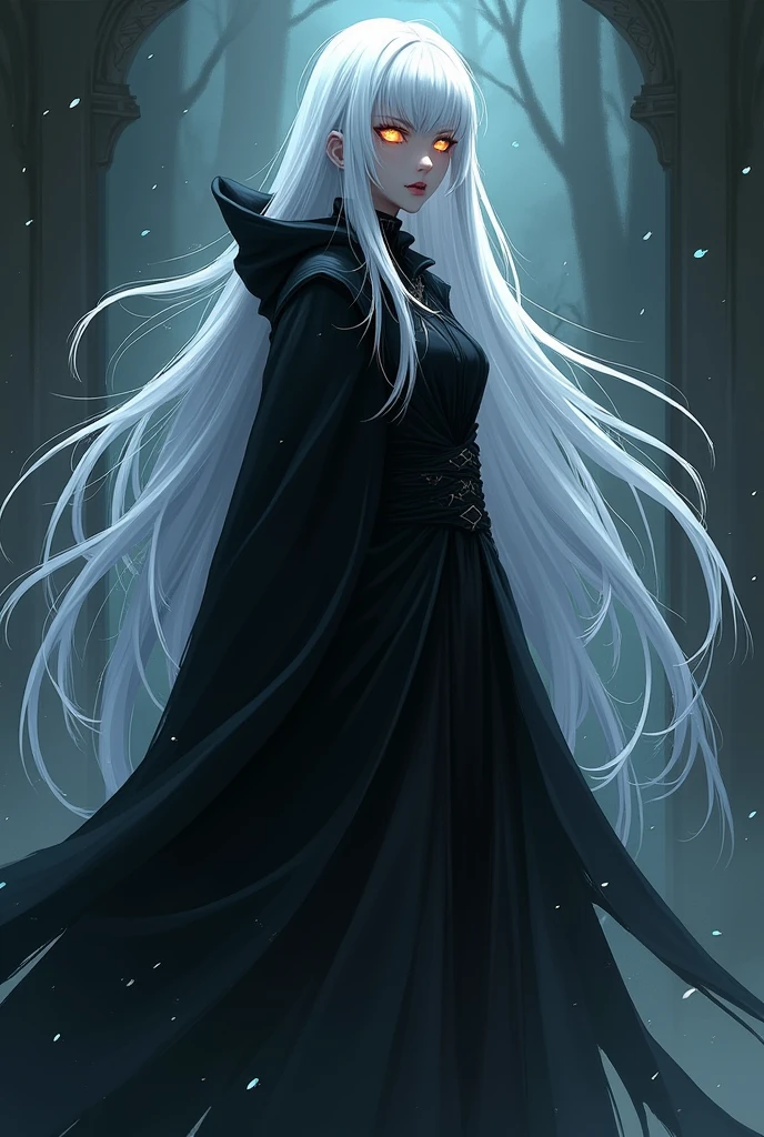 anime girl, black skin, white hair,reaper suit,long hair,