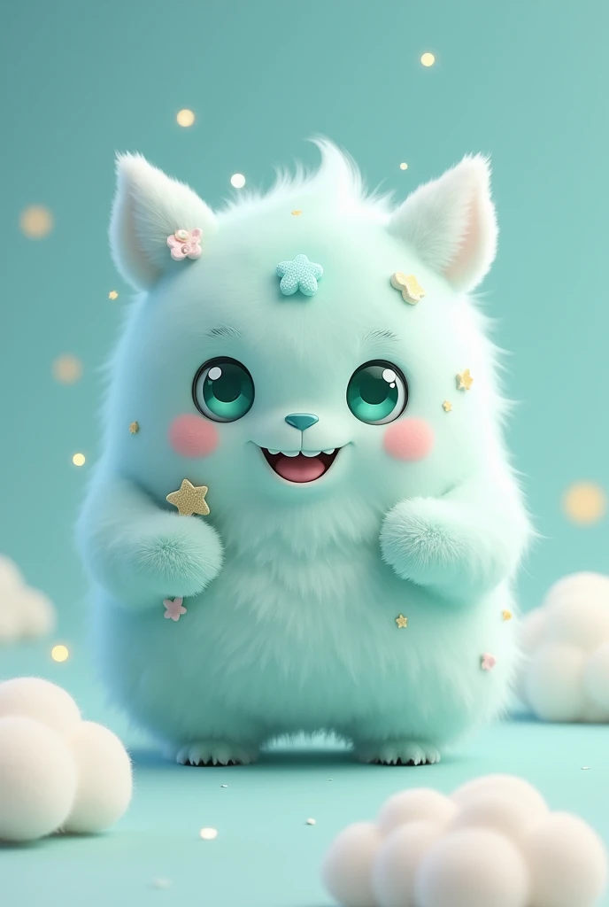 An animated monster has a rounded, fluffy body reminiscent of a soft cloud.. Its size is small and manageable, ideal for hugging. Her skin is a pastel blue color with touches of white., like a cloudy sky. It also has small bright stars that flicker gently on its fur. It has large, round, expressive eyes., a mint green color with a friendly smile It has small paws with three fingers that look like small clouds, allowing it to float slightly in the air.  Instead of ears, It has two small soft fins on the sides of its head that move like butterfly wings.. She wears a small pink bow on one of her paws as a decorative touch..