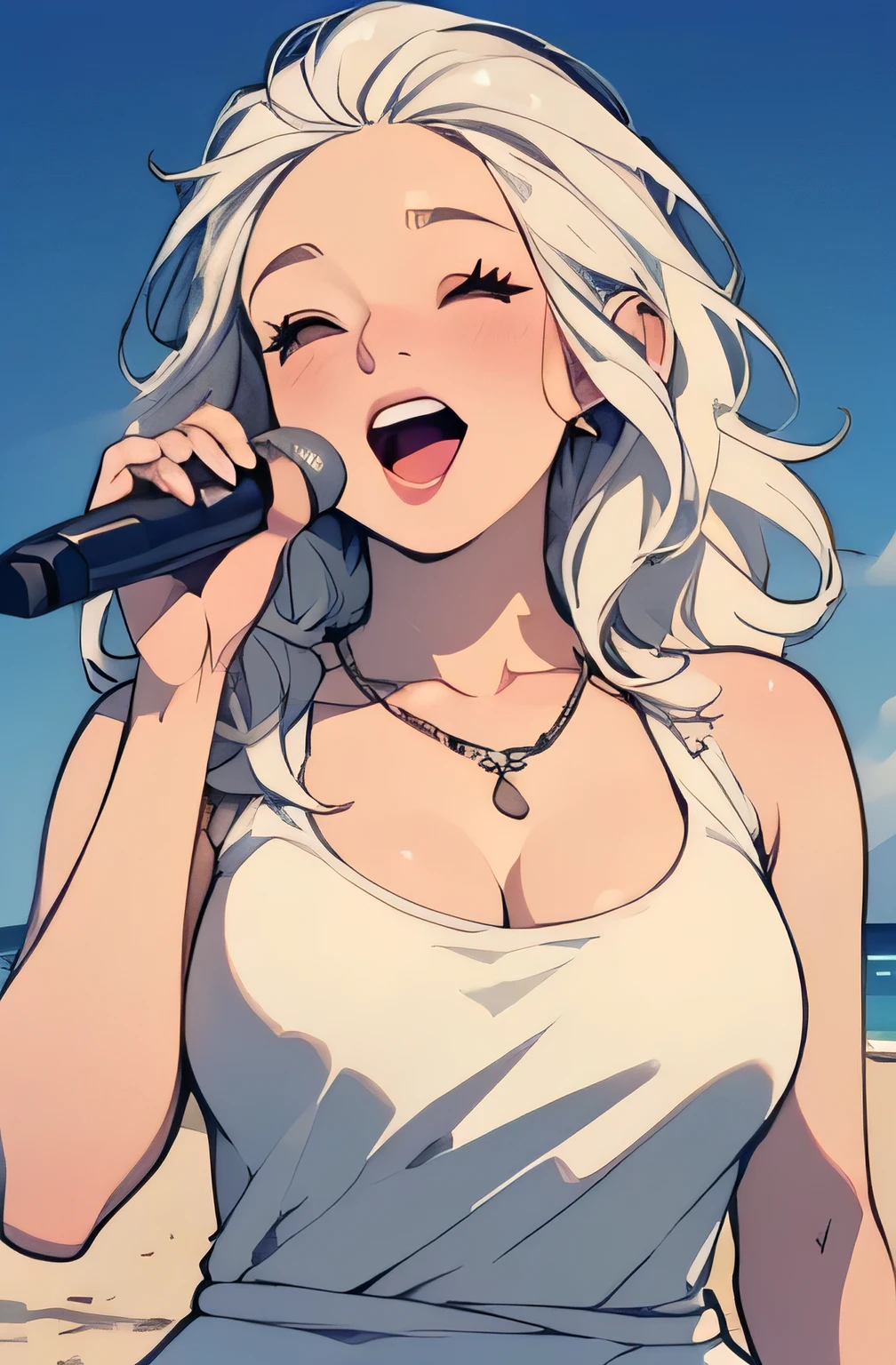 ((high quality colour line art)), (highly detailed), ((cute girl face)), (naked), necklace, (((sunny beach))), ((pale skin)), (((anatomically correct))), (long white hair), (((chubby))), (singing), ((upper body and head))