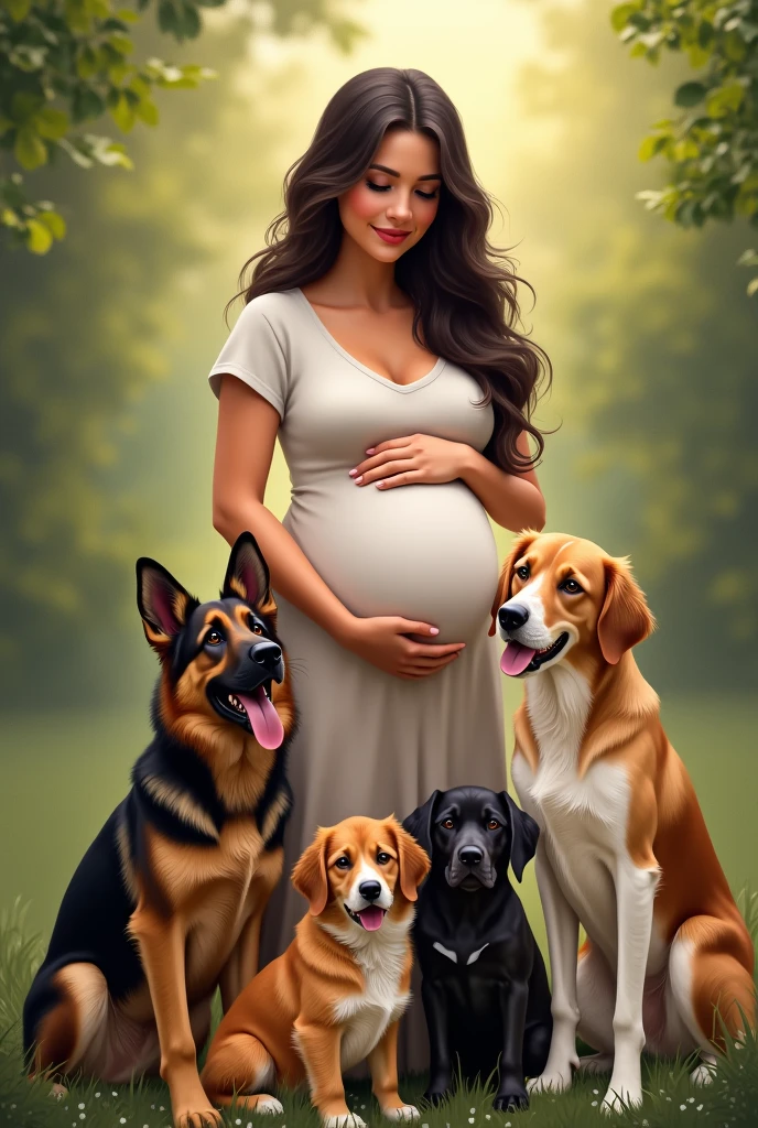 1 pregnant brunette girl with 3 dogs. One dog is a German shepherd. The second dog is golden brown and white. The third dog is short, fat, tailless and black.