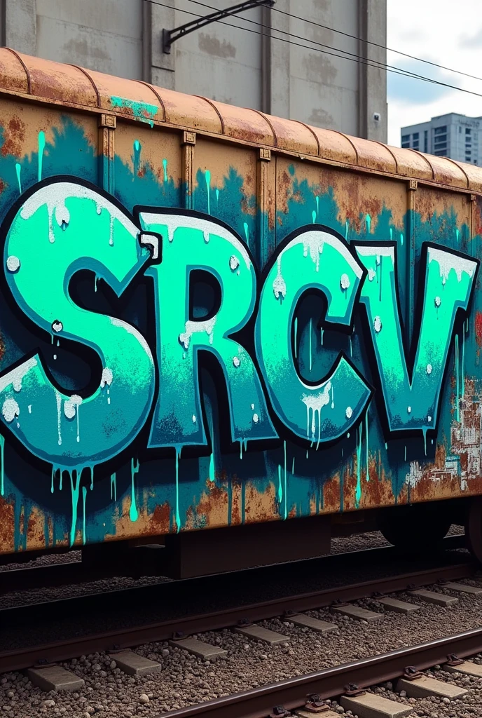 The letters SRCV in punk style graffiti with blue and green colors