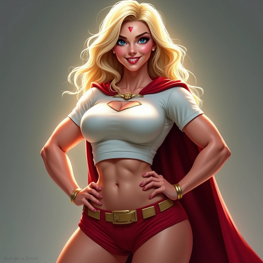 (Extremely Muscular:2), (thick thighs:1.9), 
(supergirl:1.3), (blonde hair:1.5), blue eyes, (big smile:1.6), beauty mark, (small breasts:1.5),
eyeshadow, lipstick, (white tshirt, midriff, small cape, red miniskirt:1.5),
looking at viewer, three quarter view, upper body view,
rim lighting, detailed skin, detailed eyes
