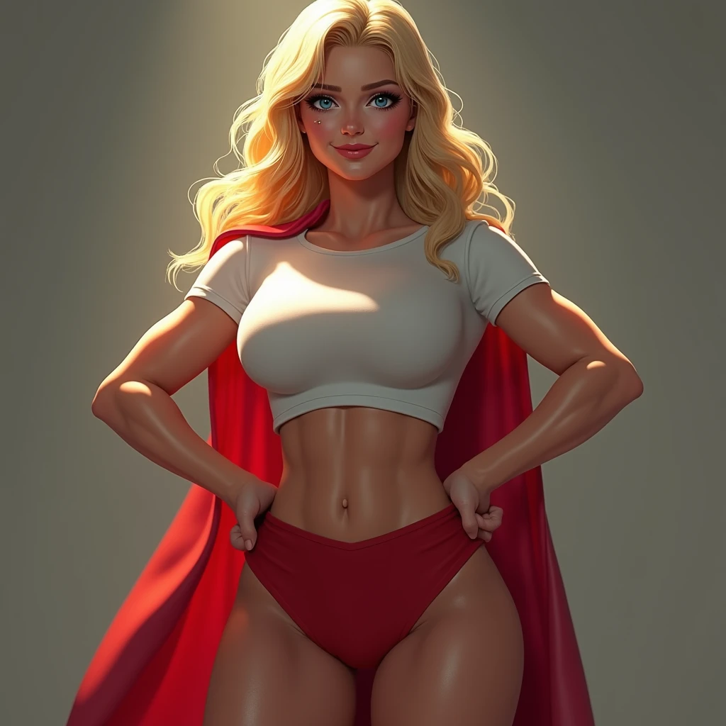 (Extremely Muscular:2), (thick thighs:1.9),
(supergirl:1.3), (blonde hair:1.5), blue eyes, (big smile:1.6), beauty mark, (small breasts:1.5),
eyeshadow, lipstick, (white tshirt, midriff, small cape, red miniskirt:1.5),
looking at viewer, three quarter view, upper body view,
rim lighting, detailed skin, detailed eyes