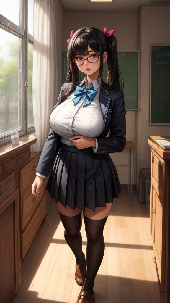 anime female character in school uniform, with short skirt,
BREAK
, nakamuramisaki, twin tail, Glasses, black hair, (Beautiful,Huge_Breasts:1.3), milf,
BREAK
, 1girl, solo, Standing in the garden, full body, full figure,
BREAK
, Beautifully detailed illustration of a cozy and meticulously decorated school classroom with warm lighting, vibrant colors, and an inviting atmosphere.
BREAK
, school uniform, thigh-highs, ブレザー burezaa (Blazer), bow, school uniform, bowtie, shoes, loafers, ribbon,
BREAK
, beautiful detailed eyes, beautiful detailed lips, extremely detailed eyes and face, long eyelashes,
BREAK
, medium: oil painting, atmospheric lighting, dreamy color palette, detailed interior decoration, quiet and peaceful ambiance,
BREAK
, (best quality,4k,8k,highres,masterpiece:1.2), ultra-detailed,