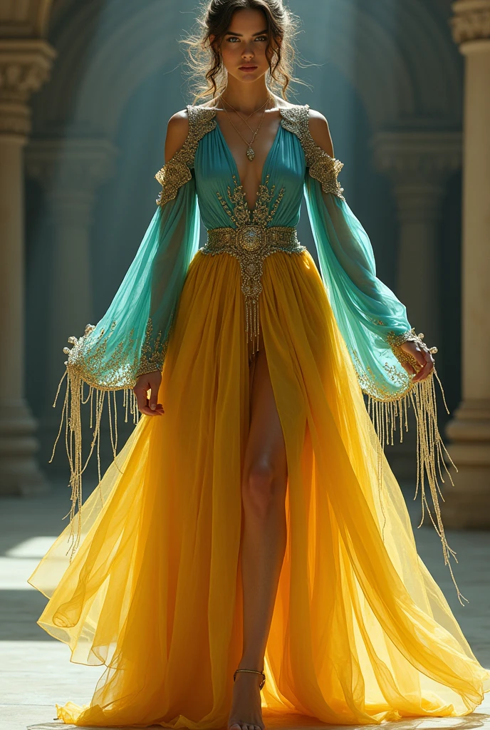 Golden petticoat, intricate metal laces hanging from the arms and torso, falling loosely to the ground, fine turquoise tunic over the golden petticoat, Light, graceful, full of movement, dress