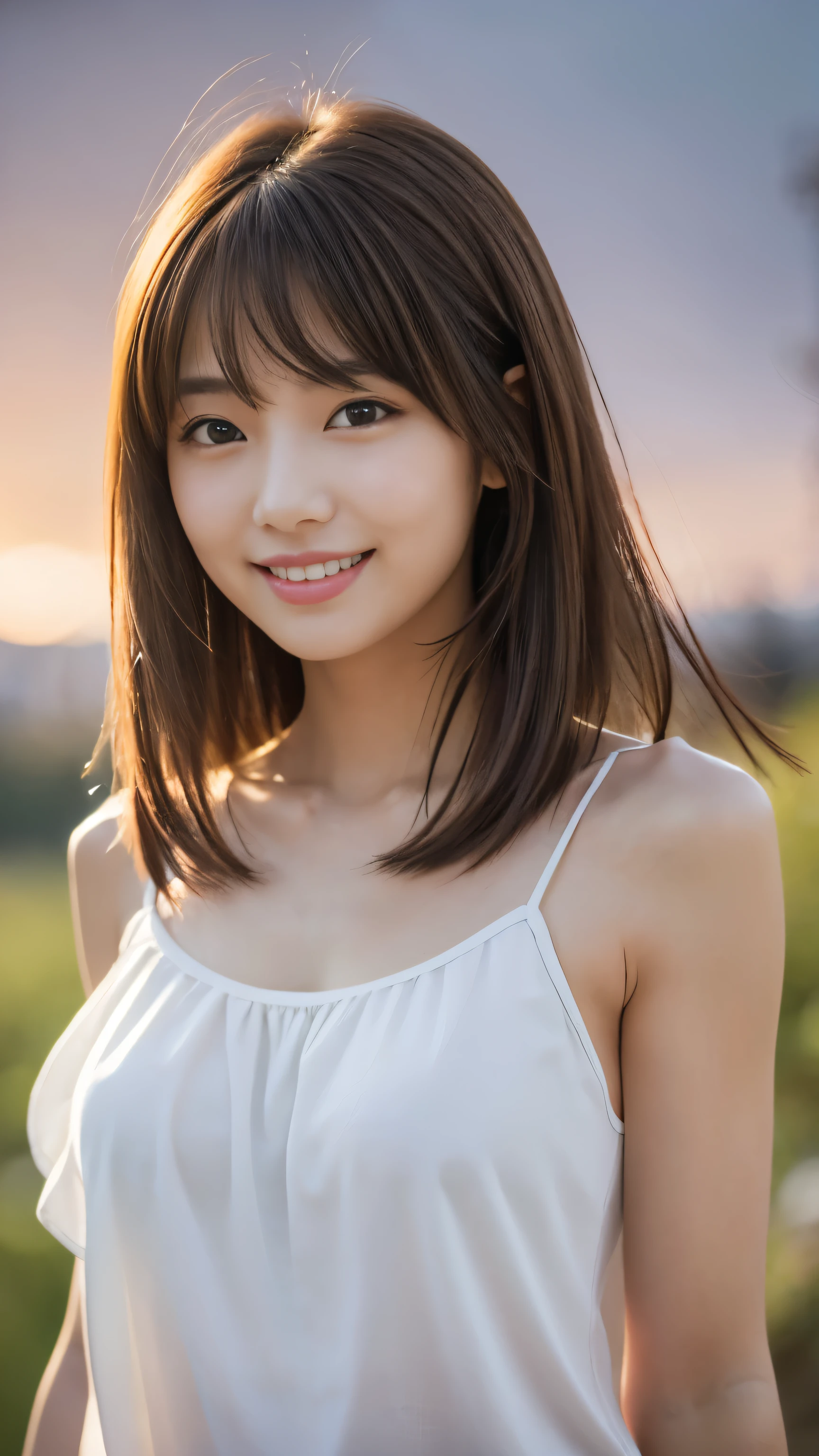 masterpiece, best quality, ultra high res, ultra detailed, sharp focus, 1girl, solo, a stunning pretty and beautiful Japanese sexy model, 19yo, looking at viewer:1.3, (bright smile:0.6), wearing a (blouse), dusk, sunset, night, realistic, slender, (standing:1.1), (looking at the viewer:1.3), sexy gaze, blush, (upper body shot:1.6), medium hair, messy hair, asymmetrical bangs, light brown hair, messy hair style, ((Pure white camisole、Hands behind head、smile、Light clothing))