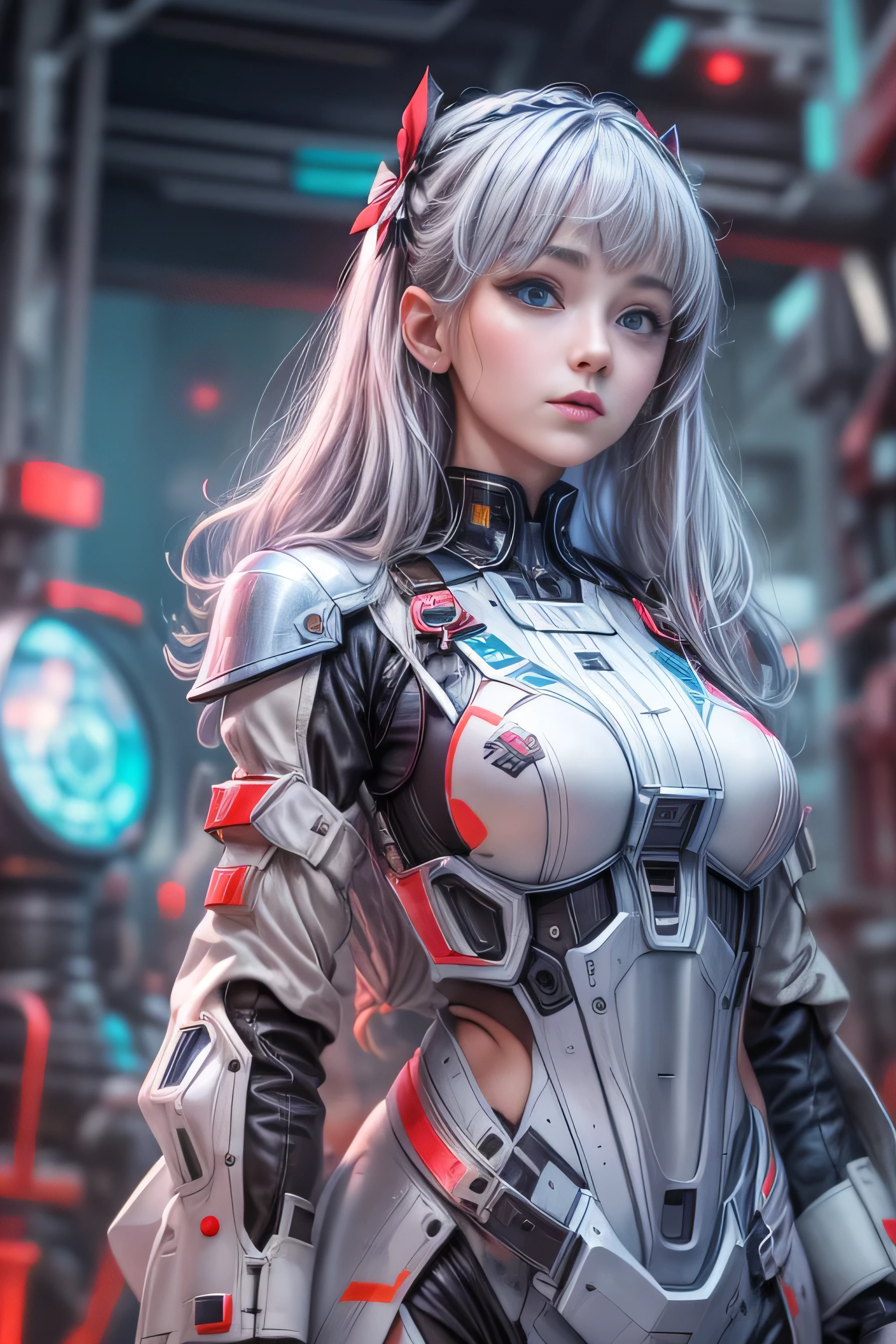 8k.Half Russian and half Japanese、Russian face、beautiful girl、PRİNCESS、、Small face、Young face、Big eyes、Skinny、Small breasts、（（（Silver Hair、Silver Hair）））、With bangs、（（（High resolution big beautiful light blue eyes, ）））、Shortcuts、Bobcut、（（Sailor suit））、（（（Red ribbon in hair、Floral decoration）））、Partially braided、Red bow tie、((masterpiece, Better Quality)),figure,Ultra high definition 8K,Realistic,Sharp focus,Very detailed,Professional Lighting,Colorful details,The iridescent color disrupts the factory's very long plan.,Construction of large mechanical robots,Microchip,computers,Shiny, Intricate details,Shitmeka,A girl standing next to a machine, Gundam, belly button, cute, sexly, Eyes are super detailed,