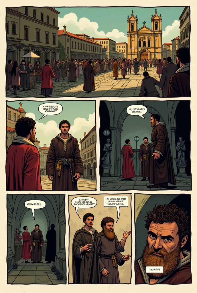 Comic strip about Lazarillo de Tormes with a significant part of Lazarillo and the Archpriest of San Salvador