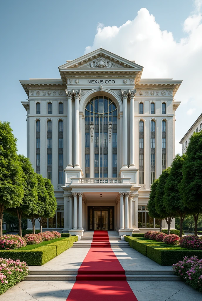 A luxurious, presidential standard company headquarters with the name NEXUS(CCO) on it and red carpet on entrance with Singaporean architecture,grass, flowers and on it's own space and compound where is the name NEXUS (CCO) can't see the words 