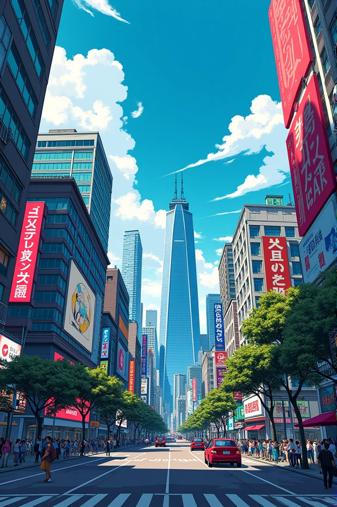A frame of a contemporary city, drawn and colored in Japanese comic style