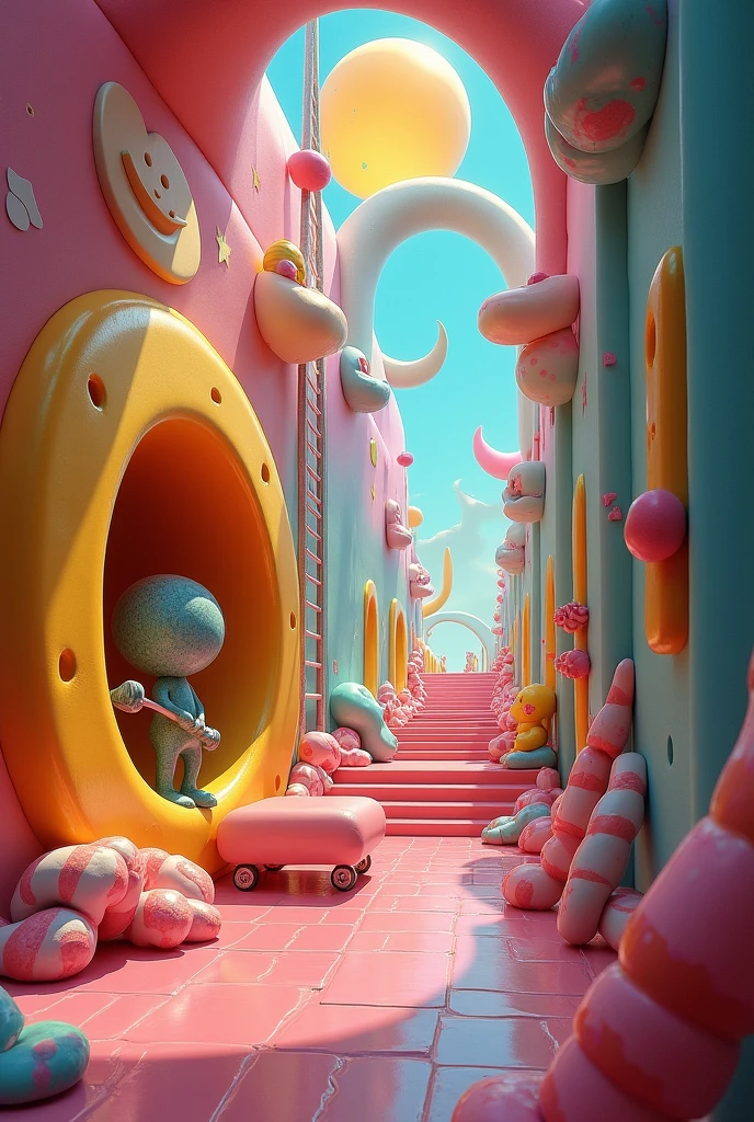 rainbow corridor, suspended crescent moon, drooping sun, hammer living in a hole concave cheese, ladder to heaven, a walking chair, spider-shaped cloud, spiral staircase of candy canes, Surreal Scene,