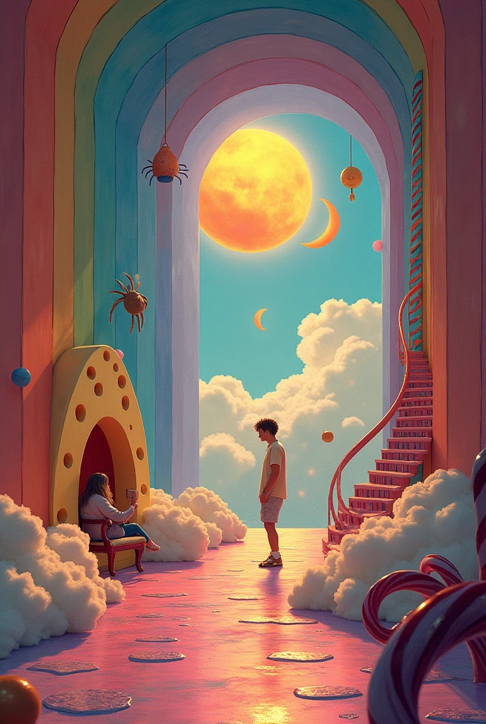 rainbow corridor, suspended crescent moon, drooping sun, hammer living in a hole concave cheese, ladder to heaven, a walking chair, spider-shaped cloud, spiral staircase of candy canes, Surreal Scene,
