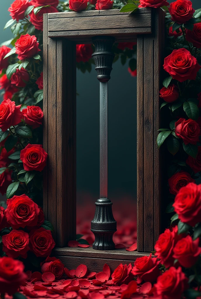 A GUILLOTINE WITH RED ROSES