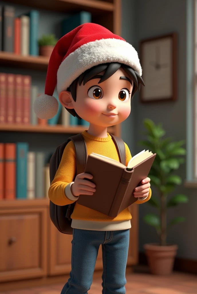 A student with a book standing and wearing a Christmas hat, and 3d