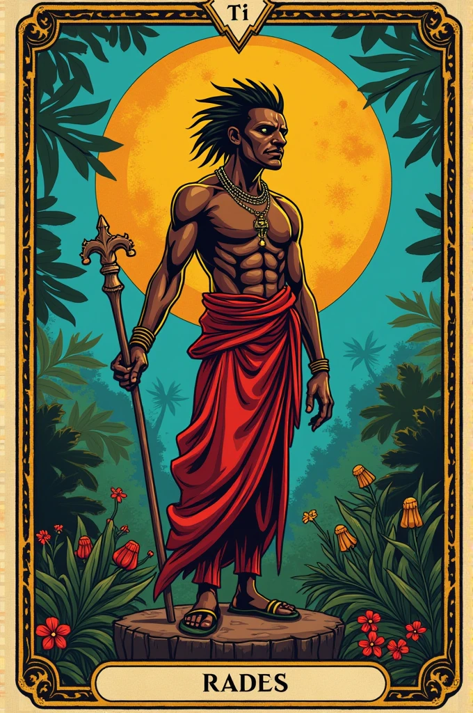 Create an image with Reggae symbols and colors: Unripe, yellow, rot, Lion, forest and a black man 