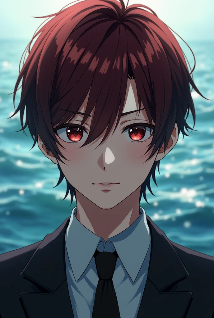 I want you to make a very realistic anime character, He is a 2 young man, reddish black hair, book hairstyle, Medium long hair, expression would be, suit on, I just want it to be seen from the torso up and to be on a realistic sea-like background. 