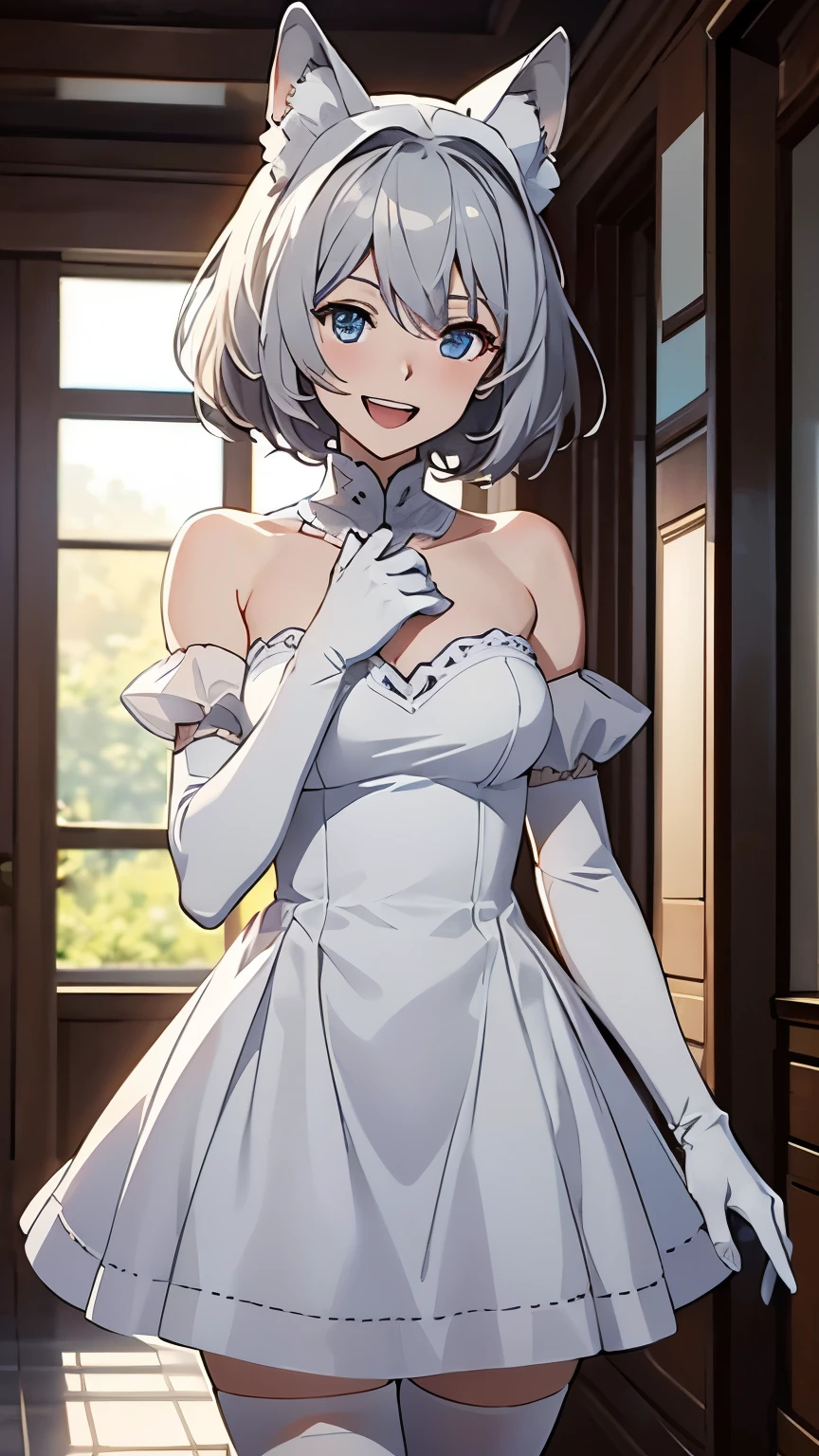 Tabletop　High resolution　Best image quality　8k　 Adult female　Anime Style　White long gloves(Elbow Gloves)　Maid clothes（Strapless）（See-through）　White Stockings　White wolf ears　short hair（（Shortcuts）（Gray Hair）（Perm）（fluffy））　blue eyes　Attractive face（（Laughter）（smile）（Open your mouth））　Are standing　