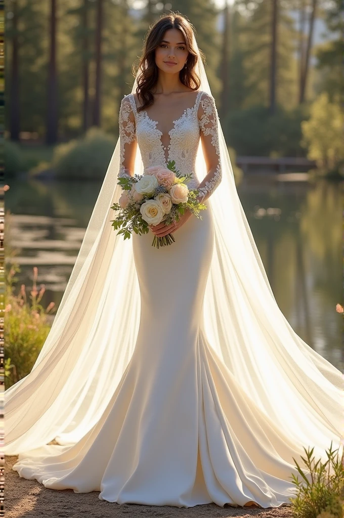 Beautiful and white brunette wedding dress With long sleeves and a huge flowing Blanch veil With a bouquet in tones inspired by the Yellowstone series