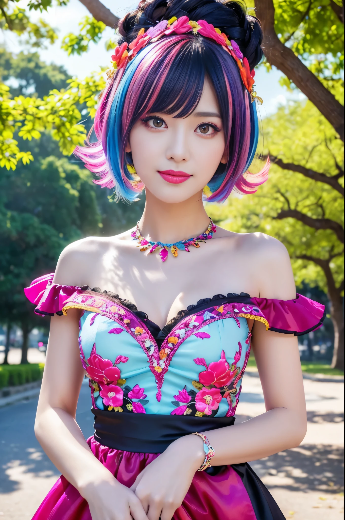 (masterpiece:1.4), (best quality:1.4), ultra high res, ultra high resolution, ((ultra detailed facial features)), HDR, (realistic, photorealistic, photo-realistic:1.37), full body Esbian, sexy Swedish model, (-anime), vivid colors, ((vivid colors multicolor (fuchsia, pink, light blue, purple) very short hair)), (seductive smile), ultra detailed metallic makeup, lip-gloss, long lashes, defined eyebrows, wearing large sparkling colorful jewelery, wearing a red silk Paradise Kiss cosplay dress with black floral embroidery, ((vivid colors outfit)), vivid colors, look at the camera, cinematic light, large park background with trees, sweet and sexy pose