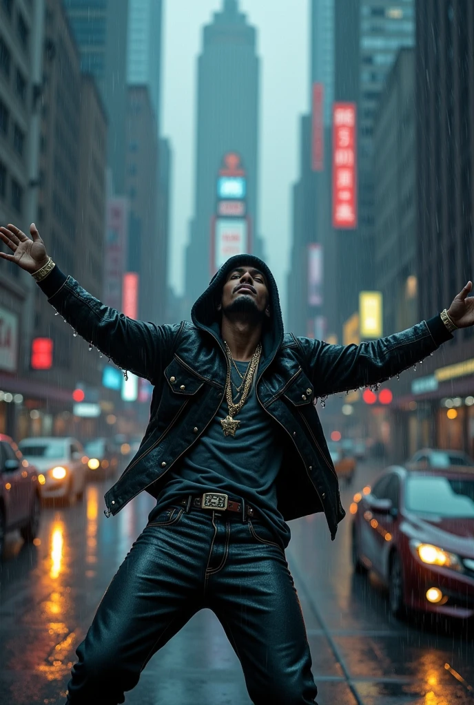 Rapper boy in hoodie falling on his back with his arms up in a rainy city seen from above