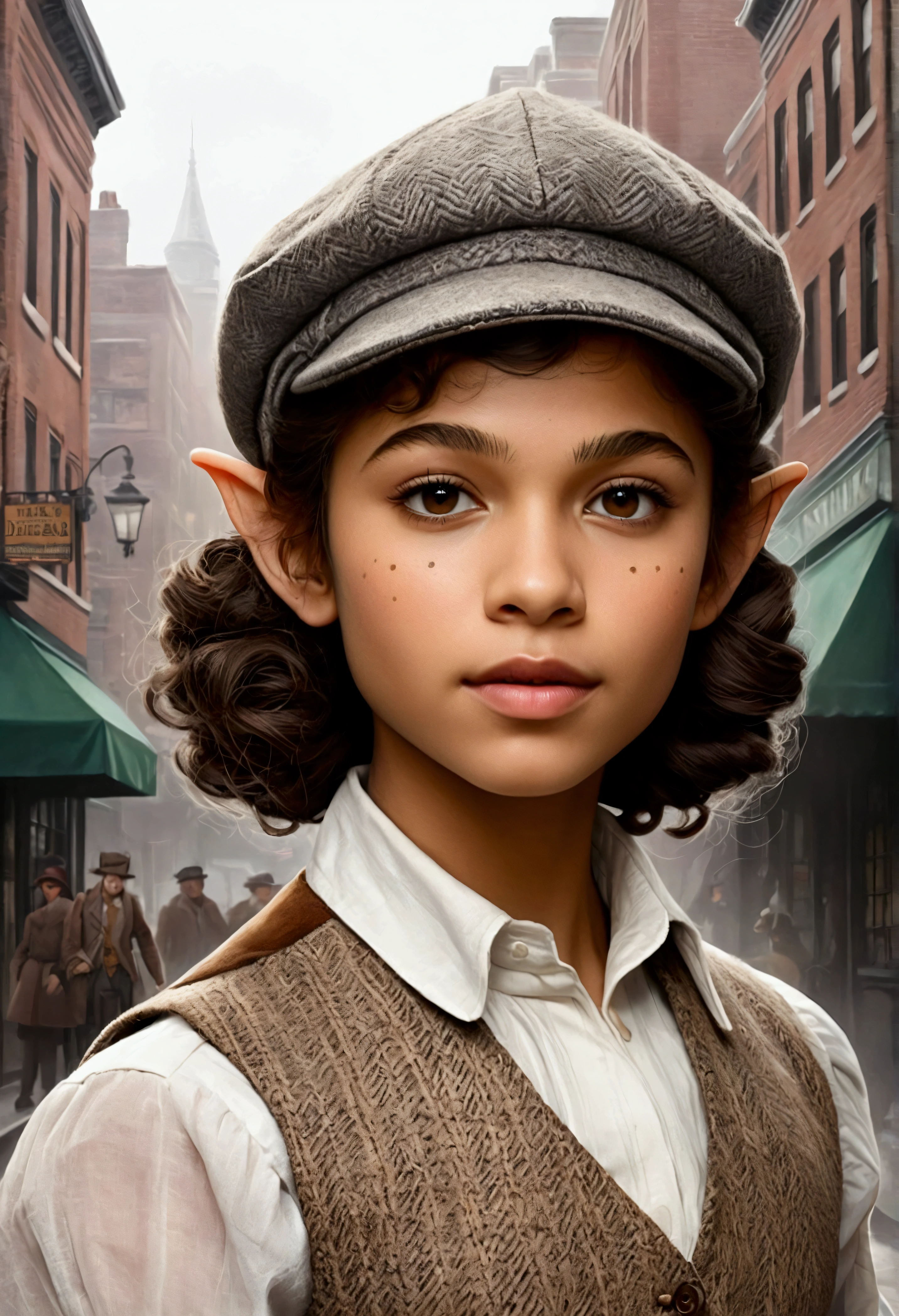 An illustrated movie poster, hand-drawn, full color, a teenage elven girl, wearing a tweed vest and a newsie cap, athletic hourglass figure, long pointy elf ears, dark hair, curly bob cut, warm almond skintone, freckles, resembles Zendaya, standing on a foggy victorian-era street corner, graphite shading, stencil marks, airbrushed acrylic paint, masterpiece, in the style of the Sherlock Holmes, elf ears