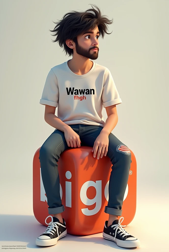 A teenage boy with long hair and a beard is sitting on the Bigo application logo., casually on top of the logo, The character must wear a white t-shirt with the name Wawan on it.,
Background image of wawan fhgh social media profile page with username wawan fhgh and 3D character profile image