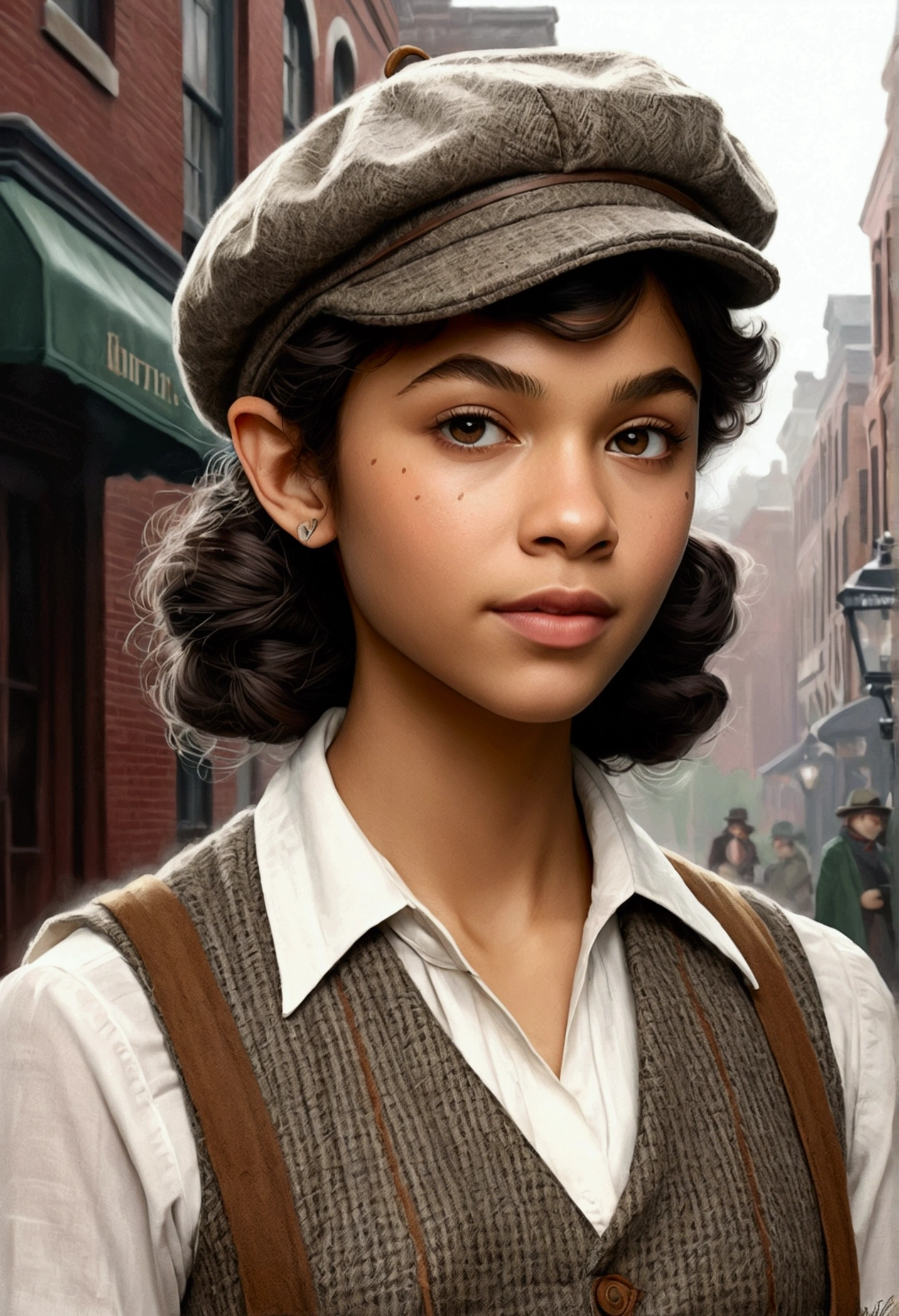 An illustrated movie poster, hand-drawn, full color, a teenage elven girl, wearing a tweed vest and a newsie cap, athletic hourglass figure, long pointy elf ears, dark hair, curly bob cut, warm almond skintone, freckles, resembles Zendaya, standing on a foggy victorian-era street corner, graphite shading, stencil marks, airbrushed acrylic paint, masterpiece, in the style of the Sherlock Holmes, elf ears