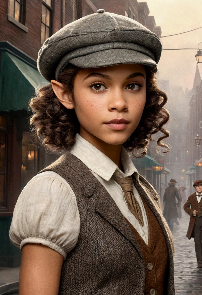 An illustrated movie poster, hand-drawn, full color, a teenage elven girl, wearing a tweed vest and a newsie cap, athletic hourglass figure, long pointy elf ears, dark hair, curly bob cut, warm almond skintone, freckles, resembles Zendaya, standing on a foggy victorian-era street corner, graphite shading, stencil marks, airbrushed acrylic paint, masterpiece, in the style of the Sherlock Holmes, elf ears