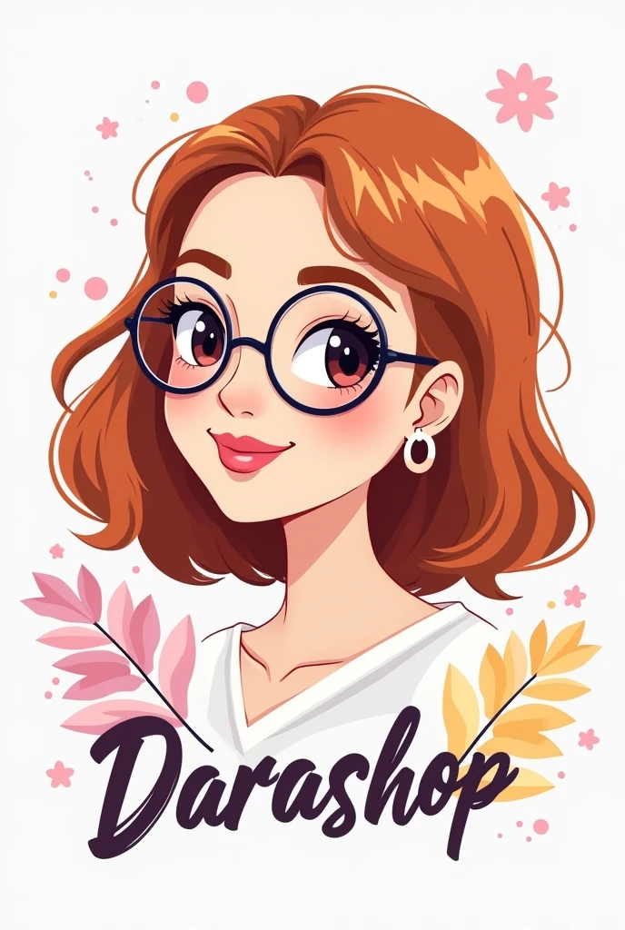 logo in 2d, clothing sales, of a white girl with copper hair, glasses and that says DaraShop. With lilac colors, pink and yellow