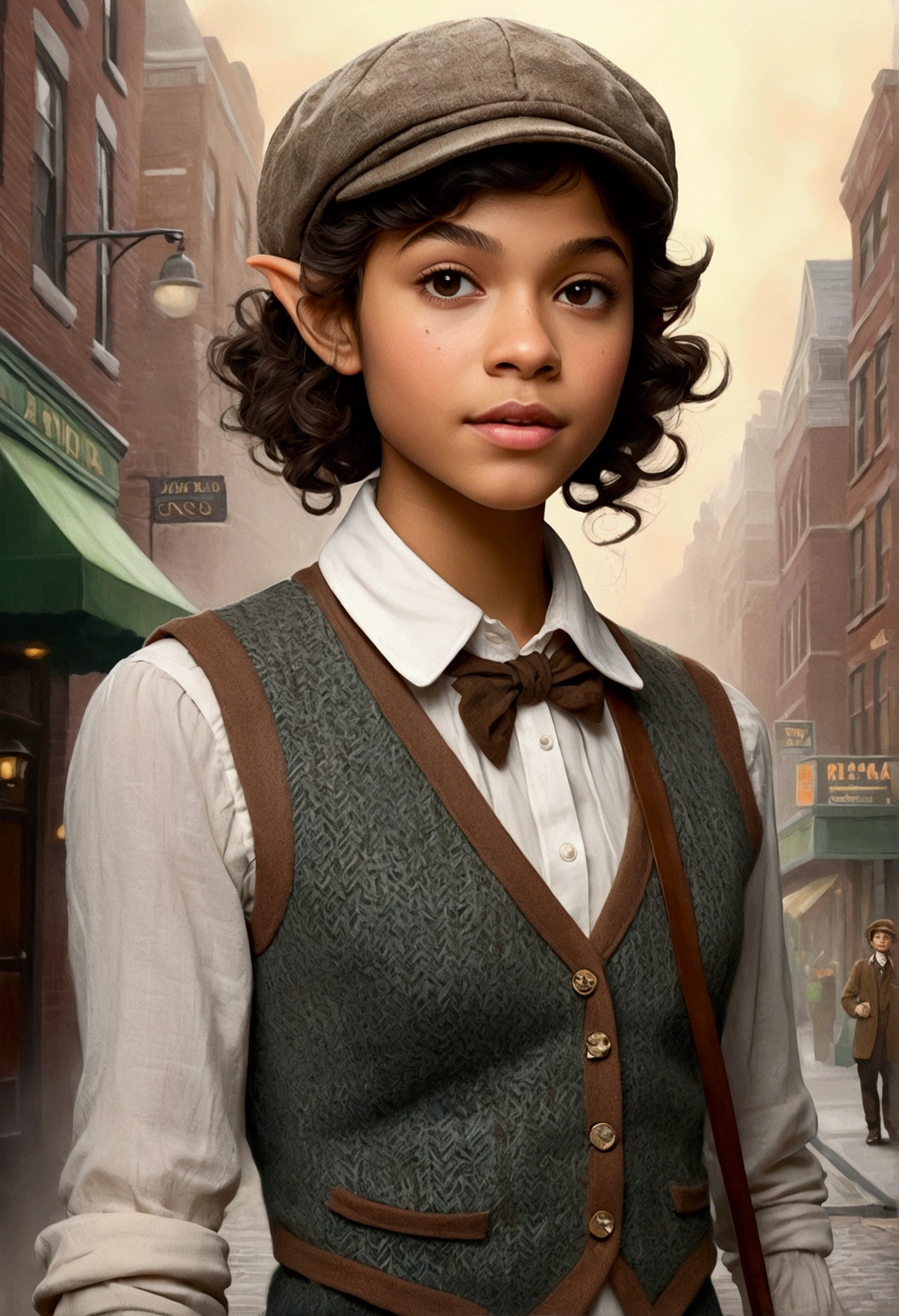 An illustrated movie poster, hand-drawn, full color, a teenage elven girl, wearing a tweed vest and a newsie cap, athletic hourglass figure, long pointy elf ears, dark hair, curly bob cut, warm almond skintone, freckles, resembles Zendaya, standing on a foggy victorian-era street corner, graphite shading, stencil marks, airbrushed acrylic paint, masterpiece, in the style of the Sherlock Holmes, elf ears