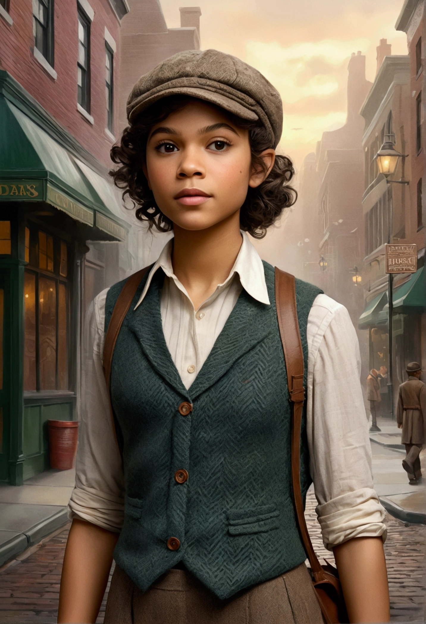 An illustrated movie poster, hand-drawn, full color, a age elven girl, wearing a tweed vest and a newsie cap, athletic hourglass figure, long pointy elf ears, dark hair, curly bob cut, warm almond skintone, freckles, resembles Zendaya, standing on a foggy victorian-era street corner, graphite shading, stencil marks, airbrushed acrylic paint, masterpiece, in the style of the Sherlock Holmes, elf ears