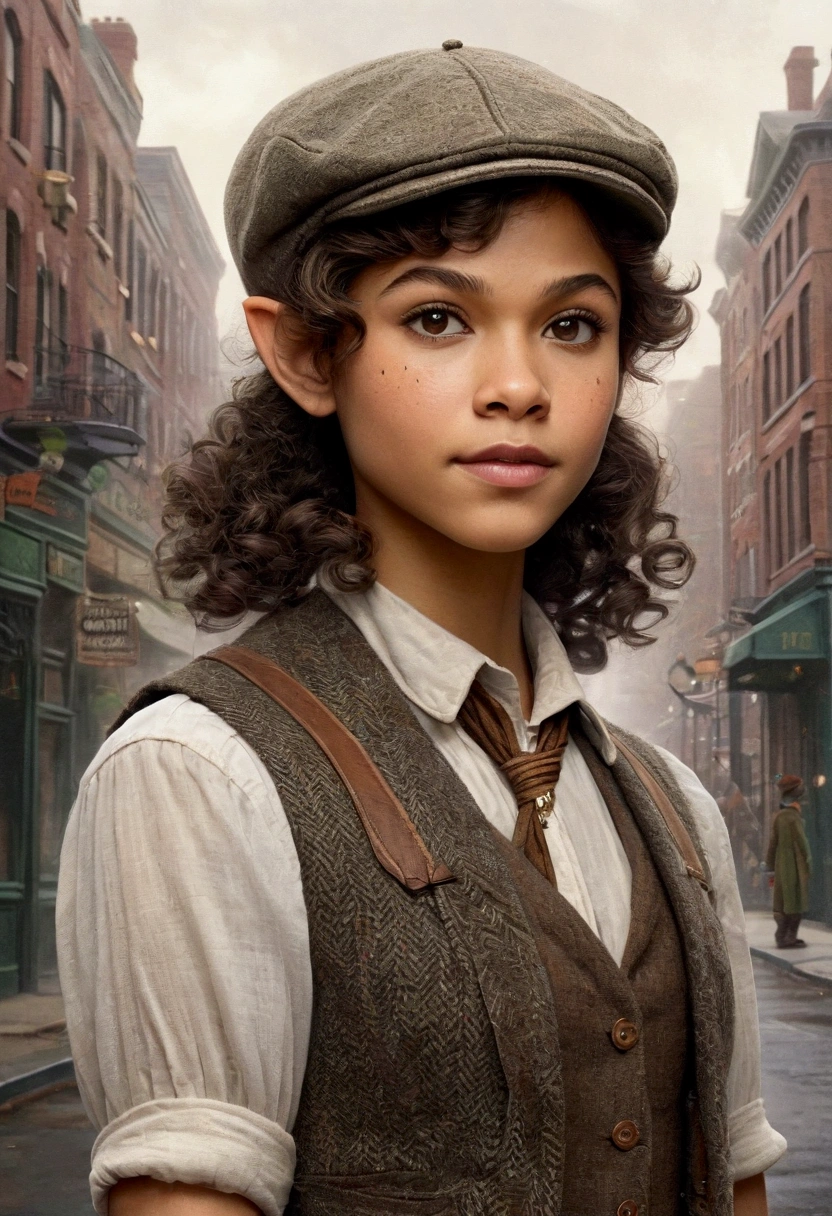 An illustrated movie poster, hand-drawn, full color, a age elven girl, wearing a tweed vest and a newsie cap, athletic hourglass figure, long pointy elf ears, dark hair, curly bob cut, warm almond skintone, freckles, resembles Zendaya, standing on a foggy victorian-era street corner, graphite shading, stencil marks, airbrushed acrylic paint, masterpiece, in the style of the Sherlock Holmes, elf ears