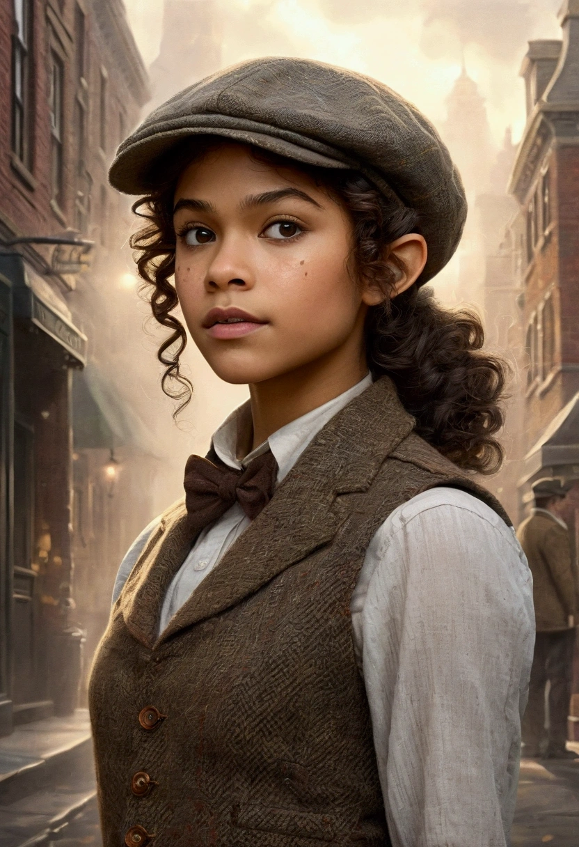 An illustrated movie poster, hand-drawn, full color, a age elven girl, wearing a tweed vest and a newsie cap, athletic hourglass figure, long pointy elf ears, dark hair, curly bob cut, warm almond skintone, freckles, resembles Zendaya, standing on a foggy victorian-era street corner, graphite shading, stencil marks, airbrushed acrylic paint, masterpiece, in the style of the Sherlock Holmes, elf ears
