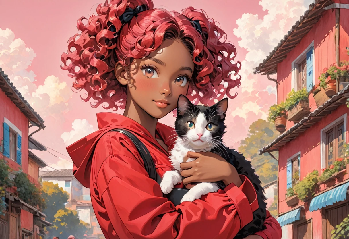 A young black-skinned woman with curly hair with eyes in a red outfit holding a cat in her arms, pink hair 